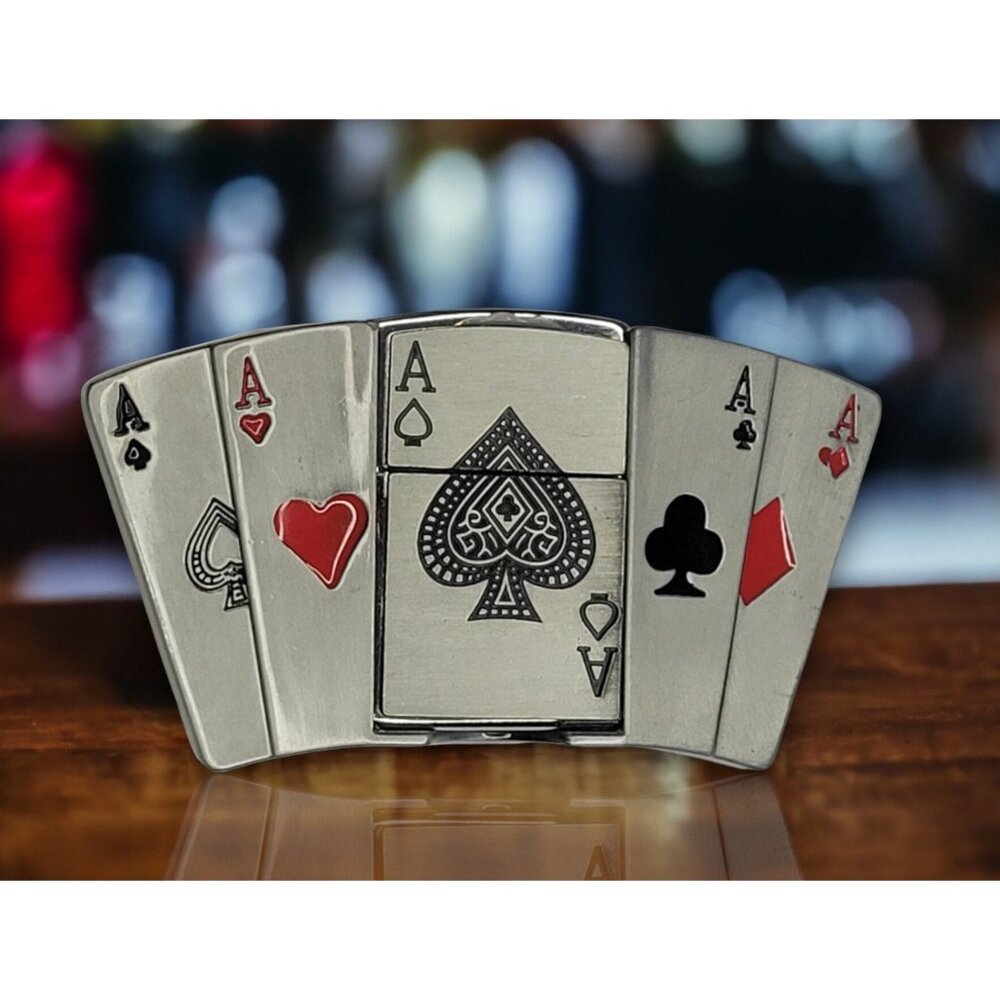 4 Aces Silver Finish Lighter Belt Buckle - Free Laser Engraving On Lighter
